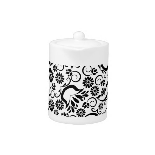 Elegant black white floral Tea Pot