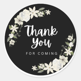 Elegant Black White Floral Thank You For Coming Ro Classic Round Sticker