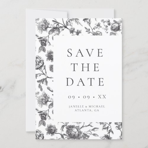 Elegant Black  White Floral Toile Photo Wedding Save The Date