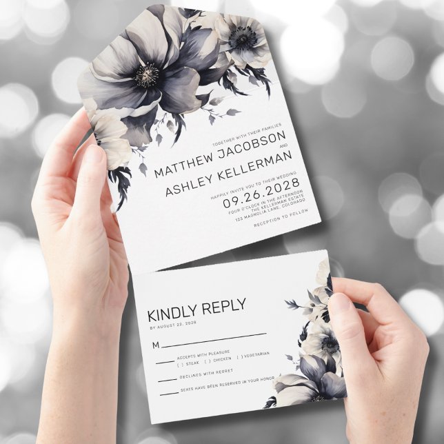 Elegant Black White Floral Wedding All In One Invitation (Modern Elegant Trendy Floral Black White Wedding All in One Invitation )