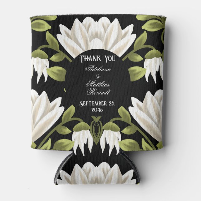 Elegant Black & White Floral Wedding: Calligraphy  Can Cooler (Front)