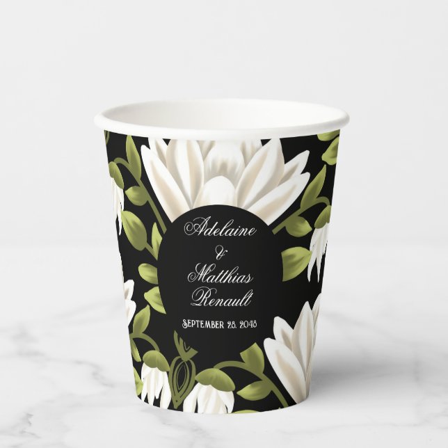 Elegant Black & White Floral Wedding: Calligraphy  Paper Cups (Front)
