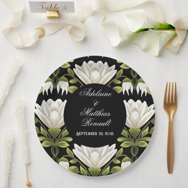 Elegant Black & White Floral Wedding: Calligraphy  Paper Plates (Wedding)