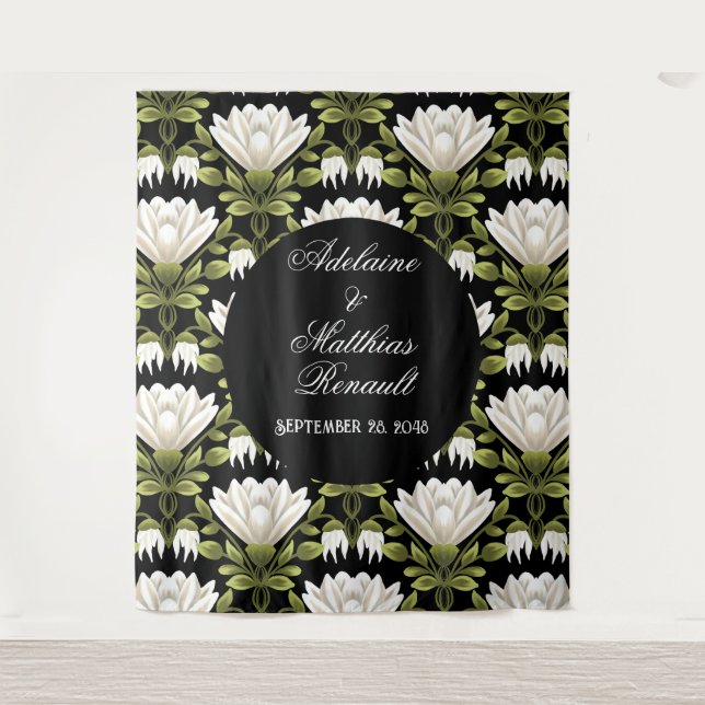 Elegant Black & White Floral Wedding: Calligraphy  Tapestry (Front)