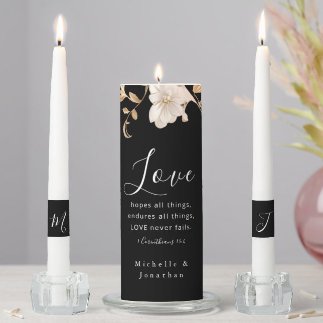 Elegant Black White Floral Wedding Christian Bible Unity Candle Set (In Situ)