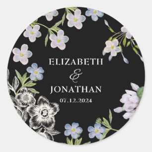 Elegant Black & White Floral Wedding Classic Round Sticker