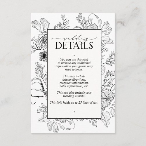 Elegant Black White Floral Wedding Details Enclosure Card