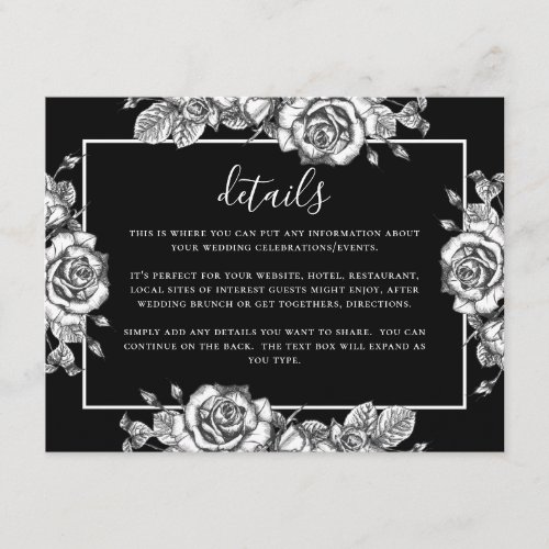 Elegant Black White Floral Wedding Details Enclosure Card