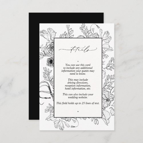 Elegant Black White Floral Wedding Details Enclosure Card