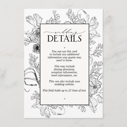 Elegant Black White Floral Wedding Details Enclosure Card