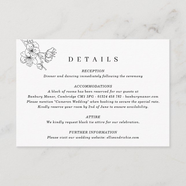 Elegant Black & White Floral Wedding  Enclosure Card (Front)
