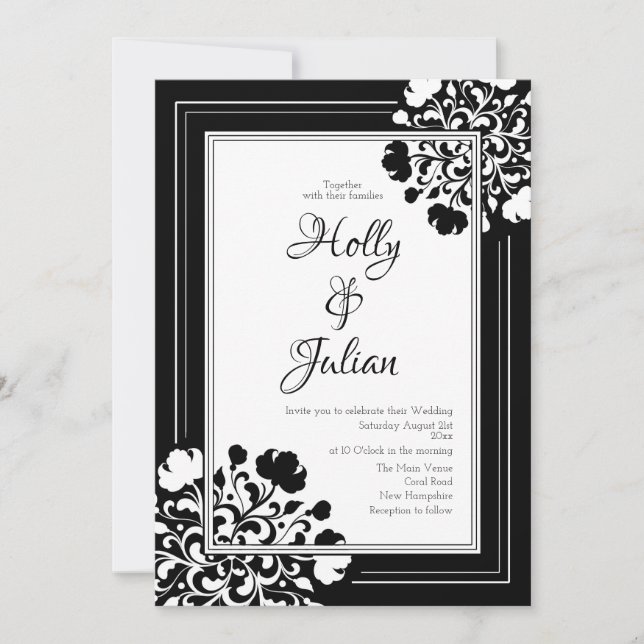 Elegant Black & White Floral Wedding Invitation (Front)