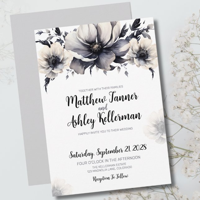 Elegant  Black White Floral Wedding Invitation (Trendy Black White Floral Elegant Wedding Invitation)