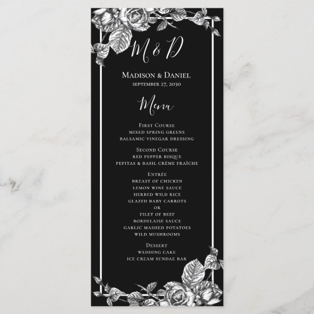 Elegant Black White Floral Wedding Menu Card (Front)
