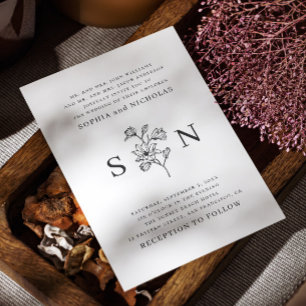 Elegant Black & White Floral Wedding Minimalist Invitation