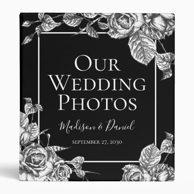 Elegant Black White Floral Wedding Photo Album 3 Ring Binder (Front)