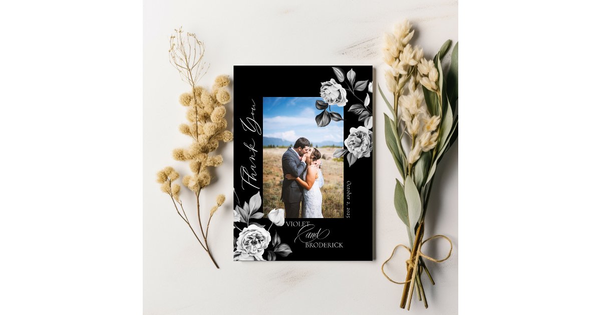 Elegant Black & White Floral Wedding Photo Thank You Card | Zazzle
