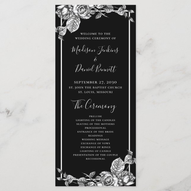 Elegant Black White Floral Wedding Program (Front)