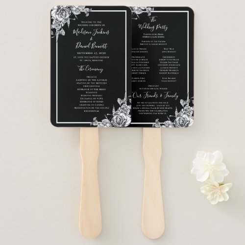 Elegant Black White Floral Wedding Program Hand Fan