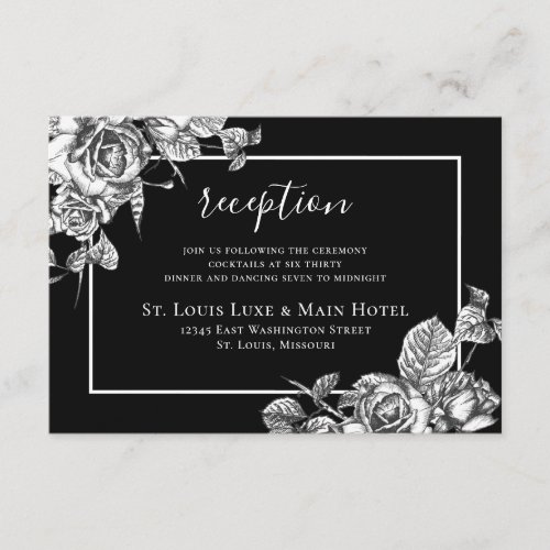 Elegant Black White Floral  Wedding Reception Enclosure Card