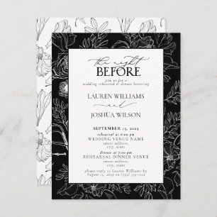 Elegant Black White Floral Wedding Rehearsal Invitation