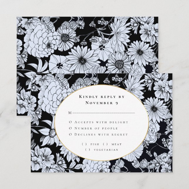 Elegant black white floral Wedding RSVP  Invitation (Front/Back)