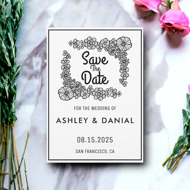 Elegant black white floral Wedding Save the Date Invitation | Zazzle