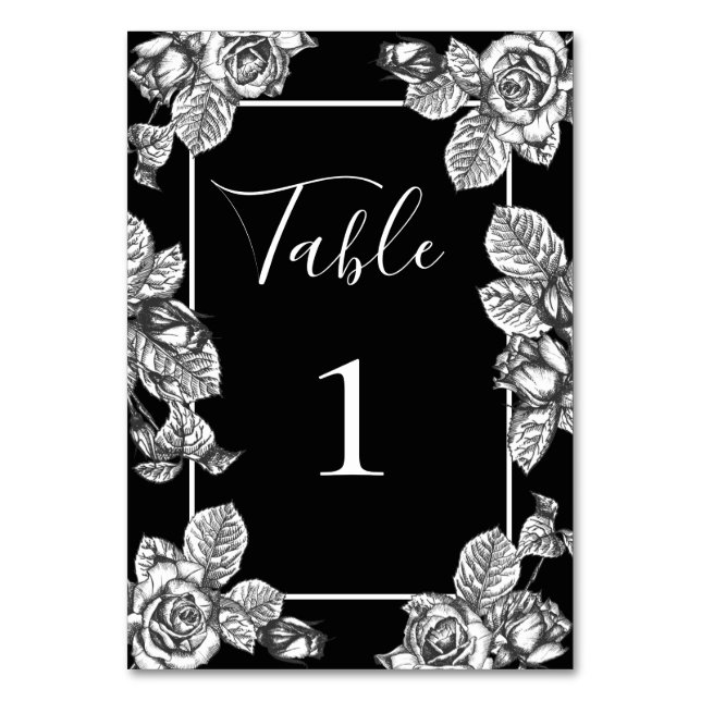 Elegant Black White Floral Wedding Table Number (Front)