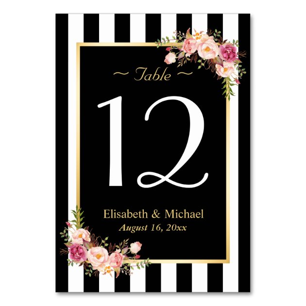 Elegant Black White Floral Wedding Table Number Card