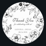 Elegant Black White Floral Wedding Thank You Classic Round Sticker<br><div class="desc">Elegant black and white floral wedding sticker.</div>