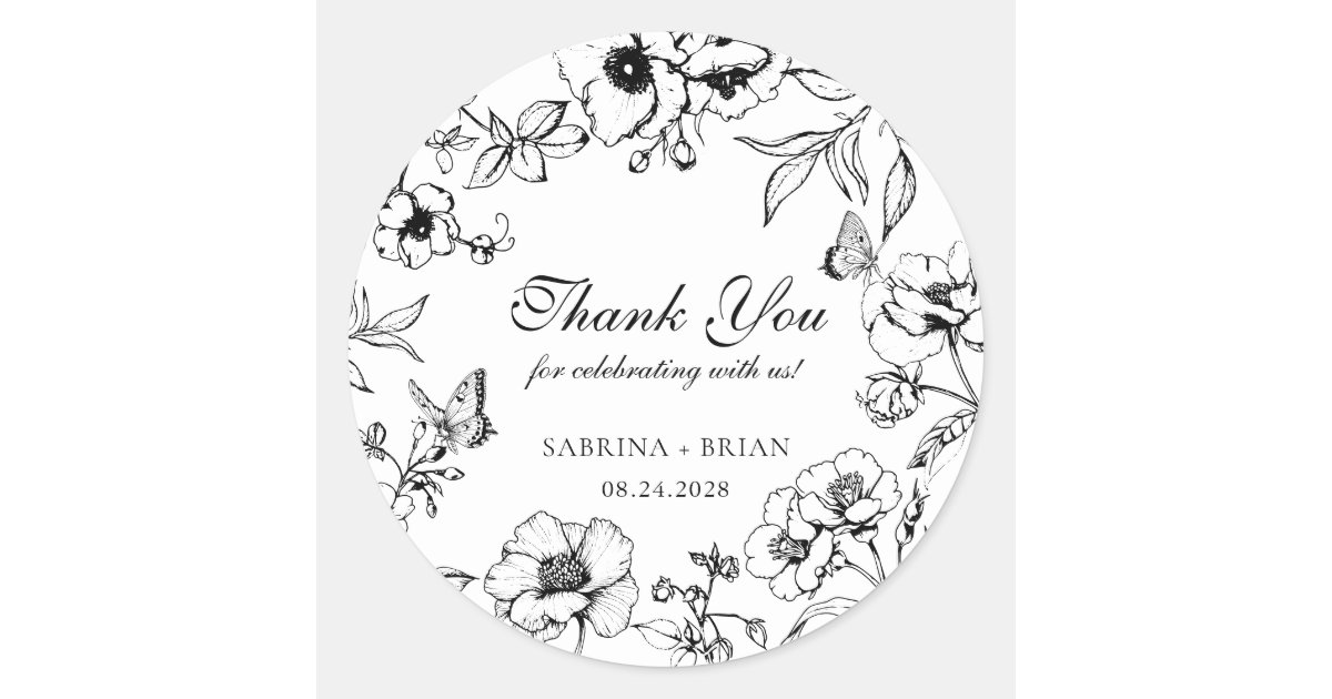 Elegant Black White Floral Wedding Thank You Classic Round Sticker | Zazzle