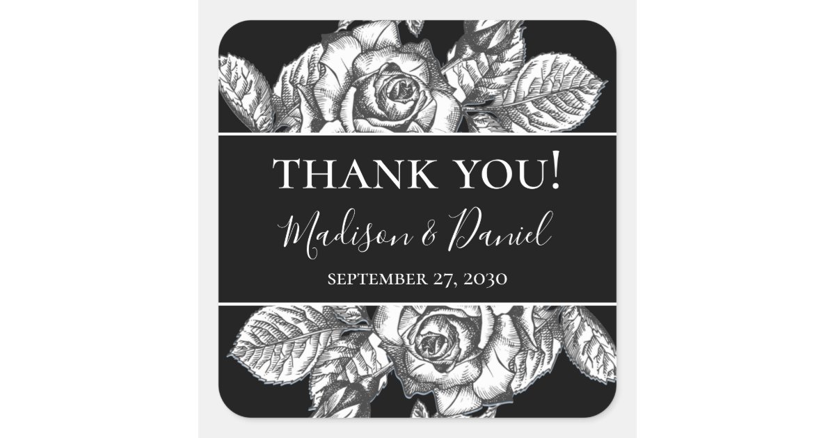 Elegant Black White Floral Wedding Thank You Square Sticker | Zazzle