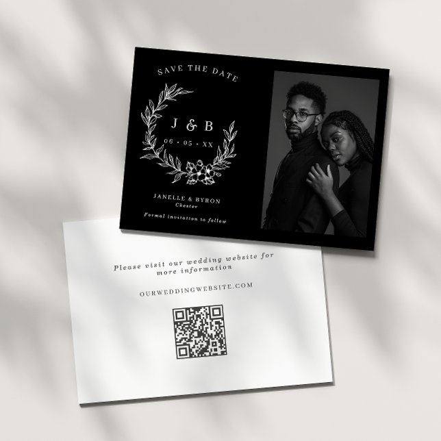 Elegant Black & White Floral Wreath Monogram Photo Save The Date (Creator Uploaded)