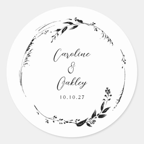 Elegant Black White Floral Wreath Wedding Custom Classic Round Sticker