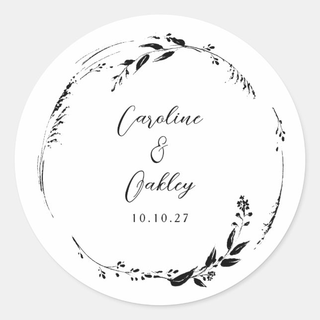 Elegant Black White Floral Wreath Wedding Custom Classic Round Sticker (Front)