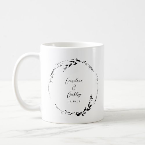 Elegant Black White Floral Wreath Wedding Custom Coffee Mug