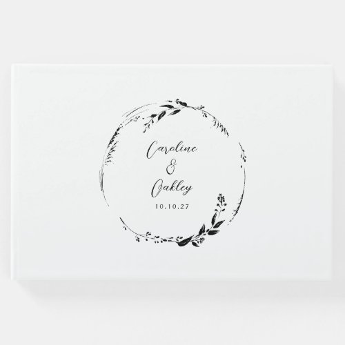 Elegant Black White Floral Wreath Wedding Custom Guest Book
