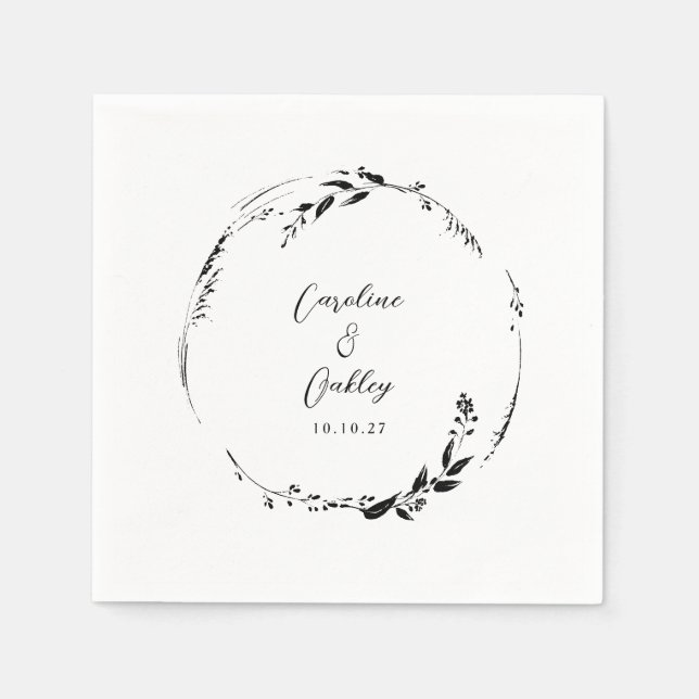 Elegant Black White Floral Wreath Wedding Custom Napkins (Front)