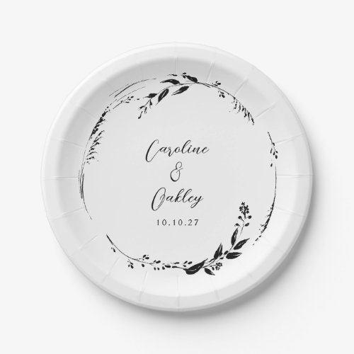 Elegant Black White Floral Wreath Wedding Custom Paper Plates