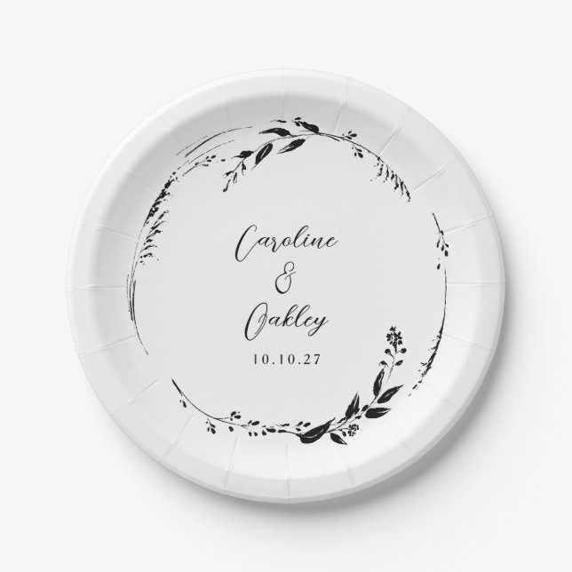Elegant Black White Floral Wreath Wedding Custom Paper Plates (Front)