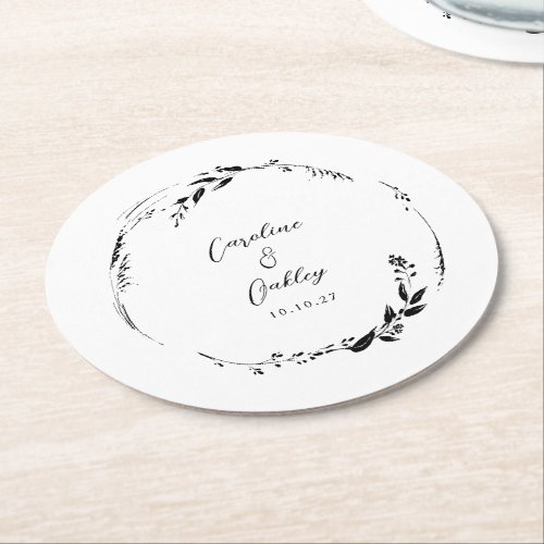 Elegant Black White Floral Wreath Wedding Custom Round Paper Coaster