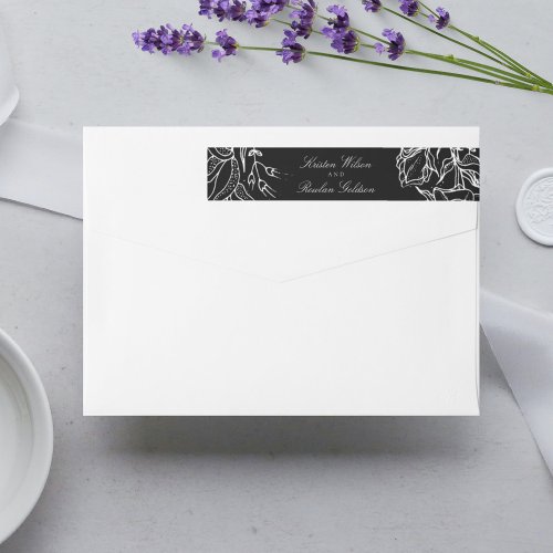 Elegant Black  White Floral Wreath Wedding Wrap A Wrap Around Label