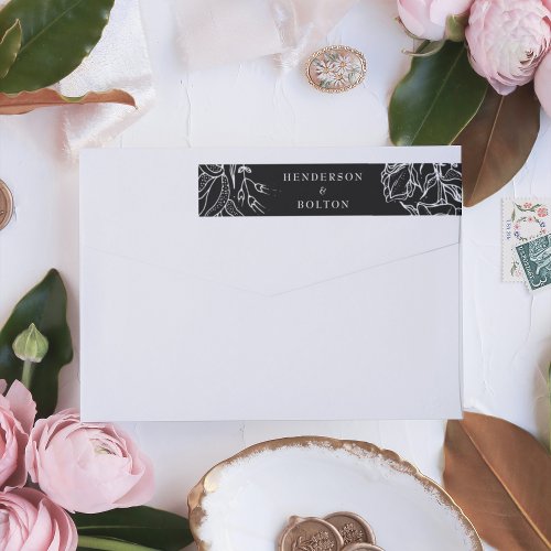 Elegant Black  White Floral Wreath Wedding Wrap Around Label