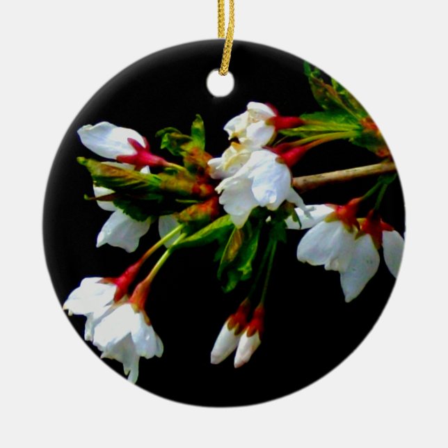 Elegant Black White flowering white Blossom Ceramic Ornament (Front)