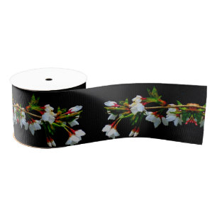 Elegant Black White flowering white Blossom Grosgrain Ribbon