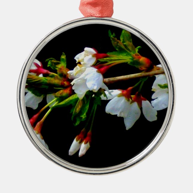 Elegant Black White flowering white Blossom Metal Ornament (Front)