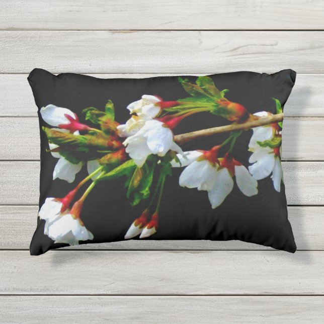 Elegant Black White flowering white Blossom Outdoor Pillow (Front)