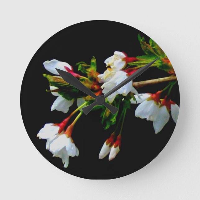 Elegant Black White flowering white Blossom Round Clock (Front)