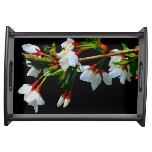 Elegant Black White flowering white Blossom Serving Tray
