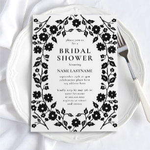 Elegant Black White Folk Floral Bridal Shower Invitation